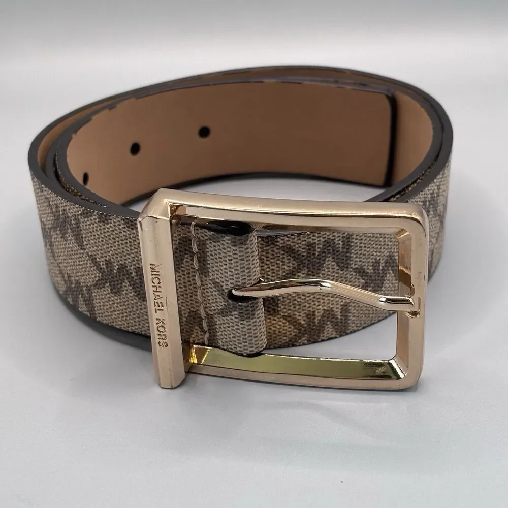 Michael Kors MK Signature Logo Belt Brown Vanilla Gold Buckle Women's Small